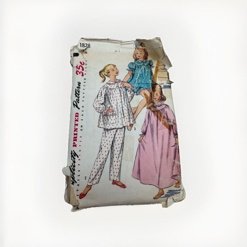 Vintage Simplicity Pattern 1828 Girl's Pajamas 2 Lengths Nightgown Size 10